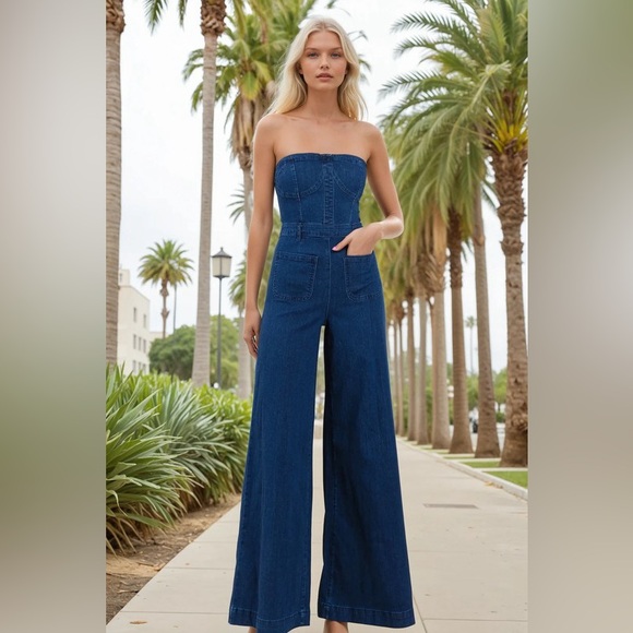 MID DENIM STRAPLESS WIDE LEG DENIM JUMPSUIT WITH POCKETS🤠 - Picture 9 of 9